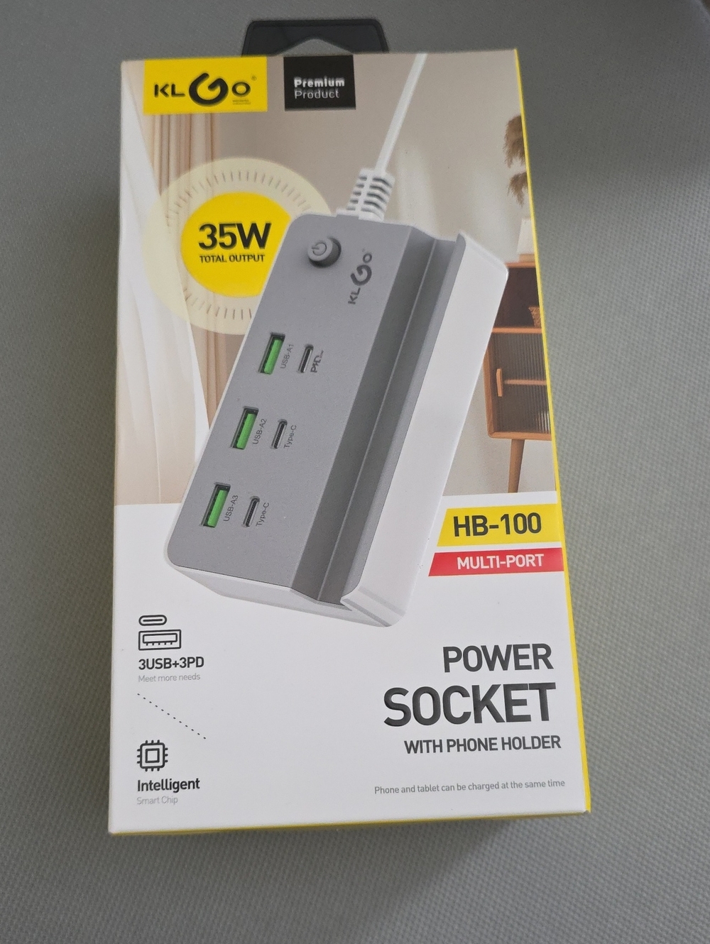 HB-100 35W Multi-Port Charger with Phone Holder - Gray & White